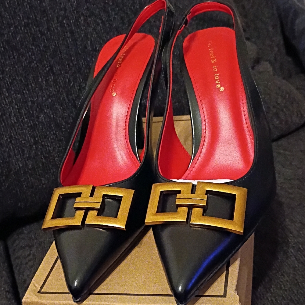 Chic Black and Red Heels with Gold Buckle